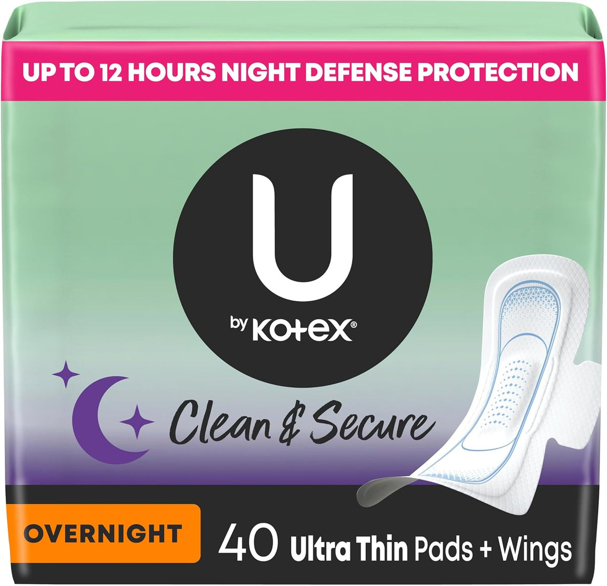 U by Kotex Ultra Thin Overnight Pads 40 Count front packaging view