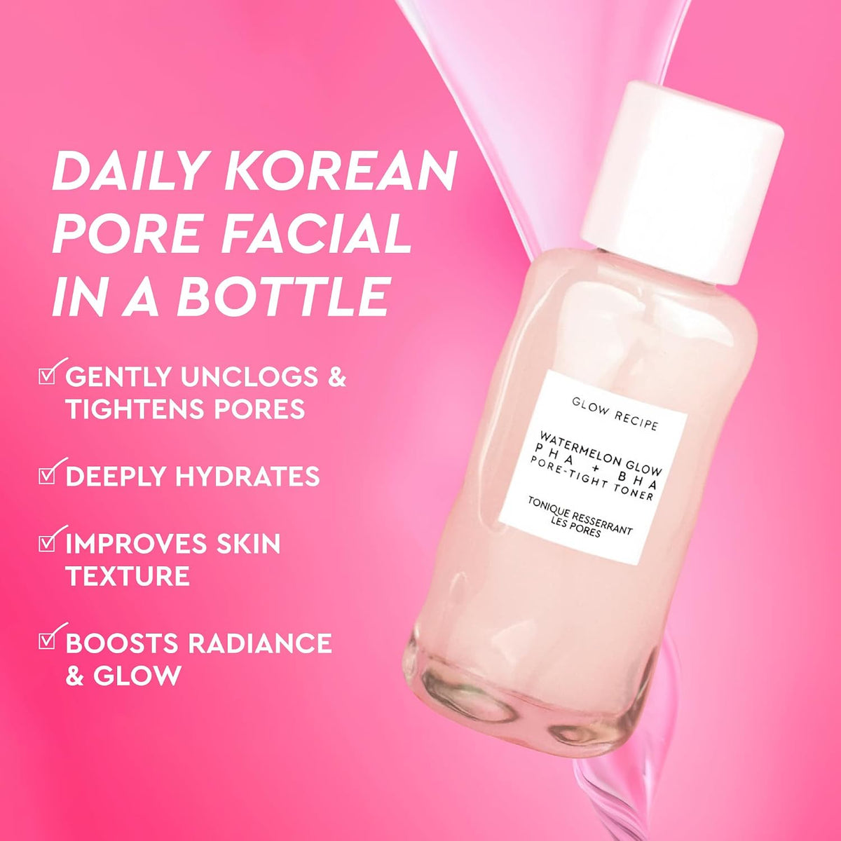 Glow Recipe Korean exfoliating toner bottle with pink packaging
