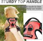Light pink dog harness showing reflective safety stitching details