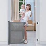 BabyBond retractable baby gate front view showcasing sleek grey mesh barrier