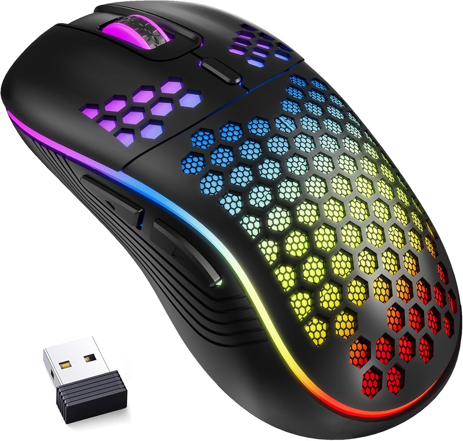 Melogaga wireless gaming mouse honeycomb black front view featuring RGB lighting