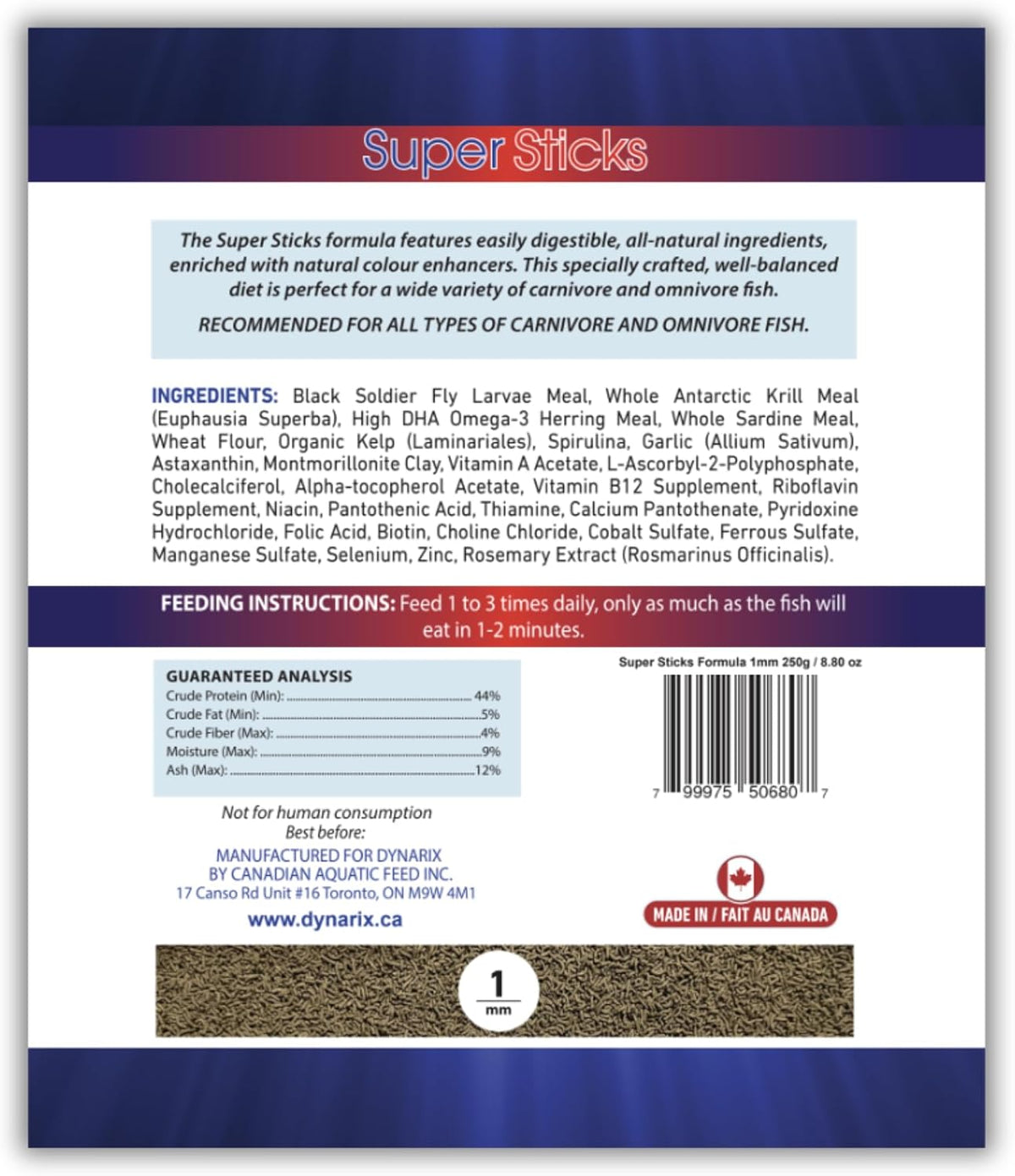 Northfin DynariX 1mm sinking sticks pellet size view