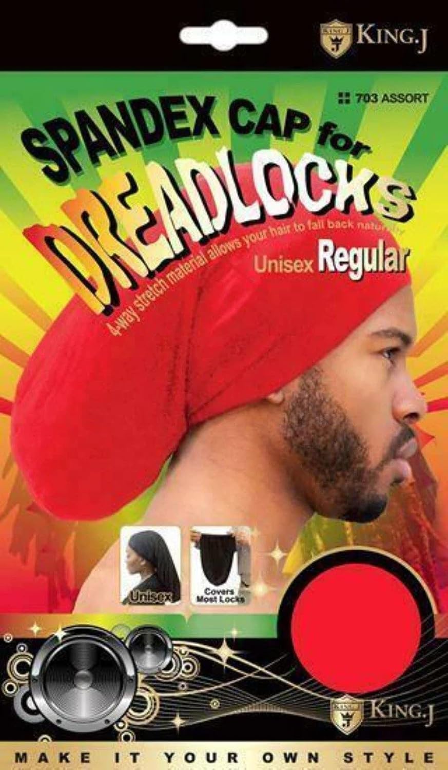 King.J black spandex dreadlock cap showing 4-way stretch material and dimensions
