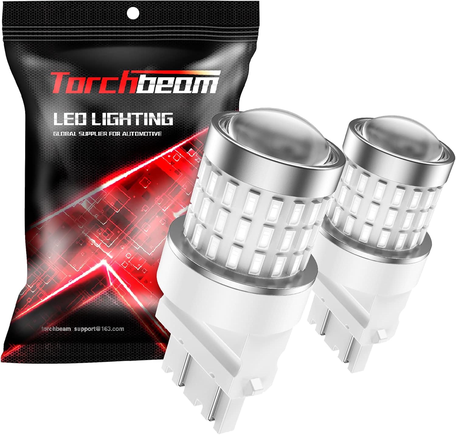Torchbeam 3157 Red LED Tail Lights pack of two displayed from front view showcasing premium red projector lens design