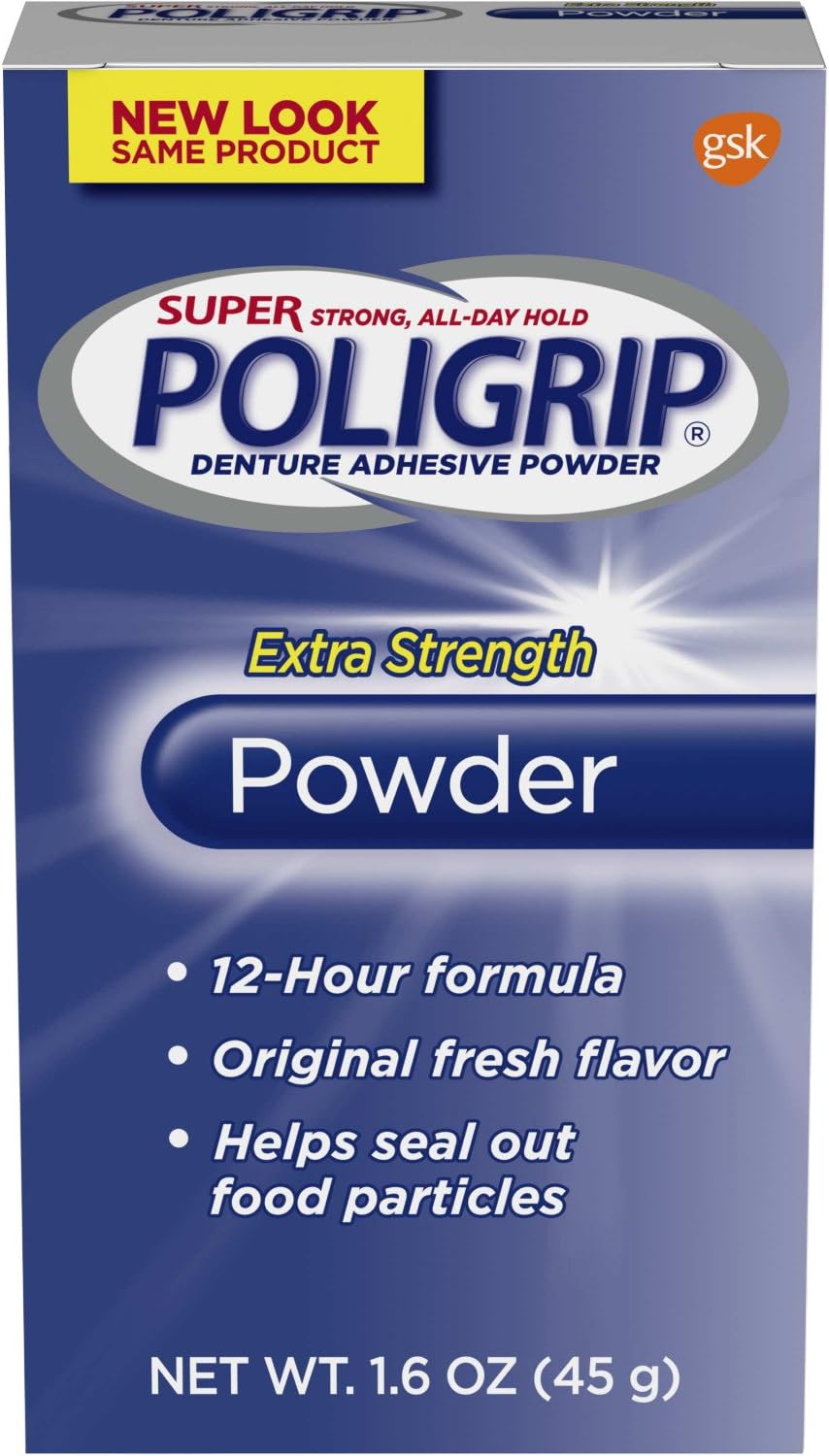 Poligrip Extra Strength Denture Adhesive Powder 1.6 Ounce container front view