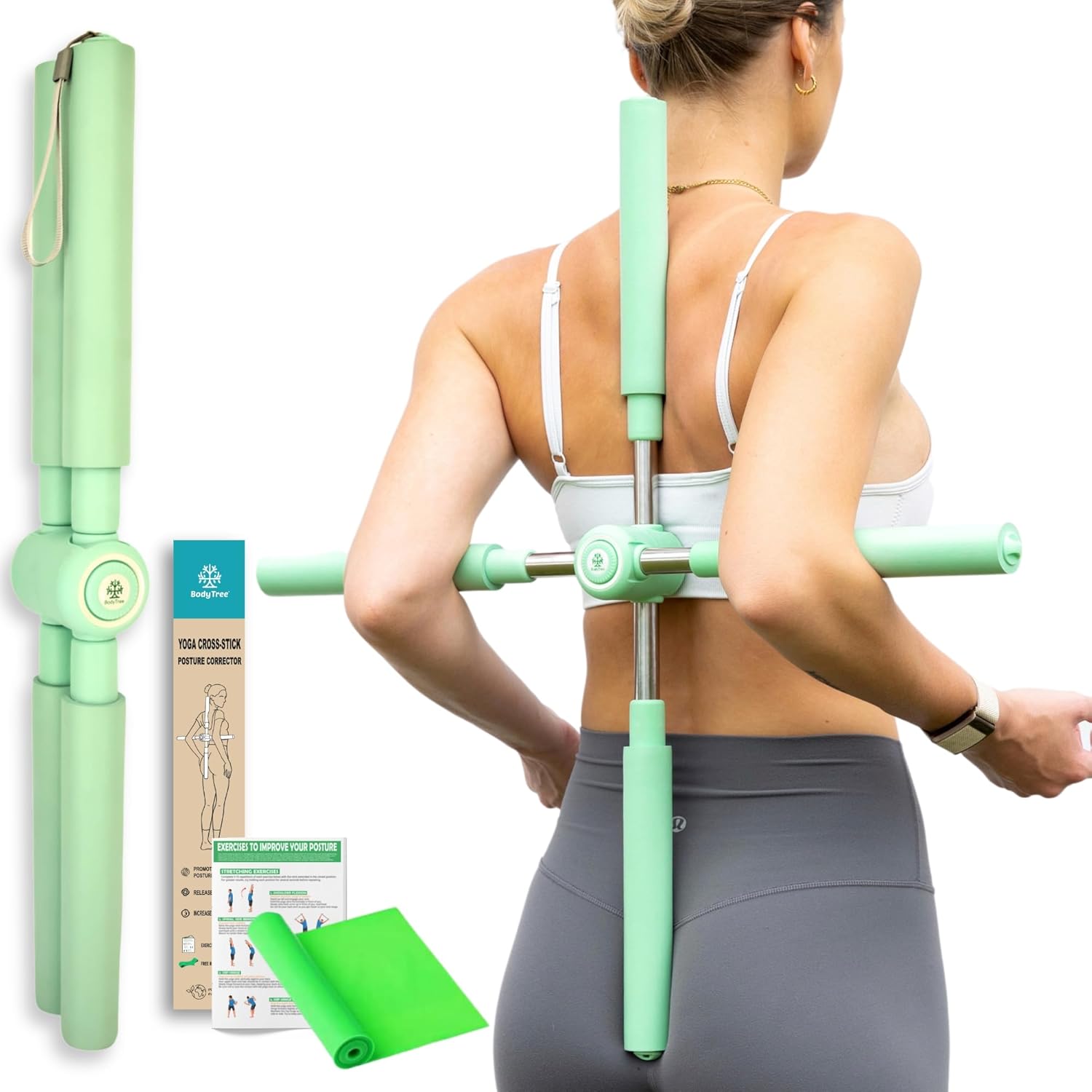 BodyTree Posture Corrector Yoga Cross Stick front view in light green
