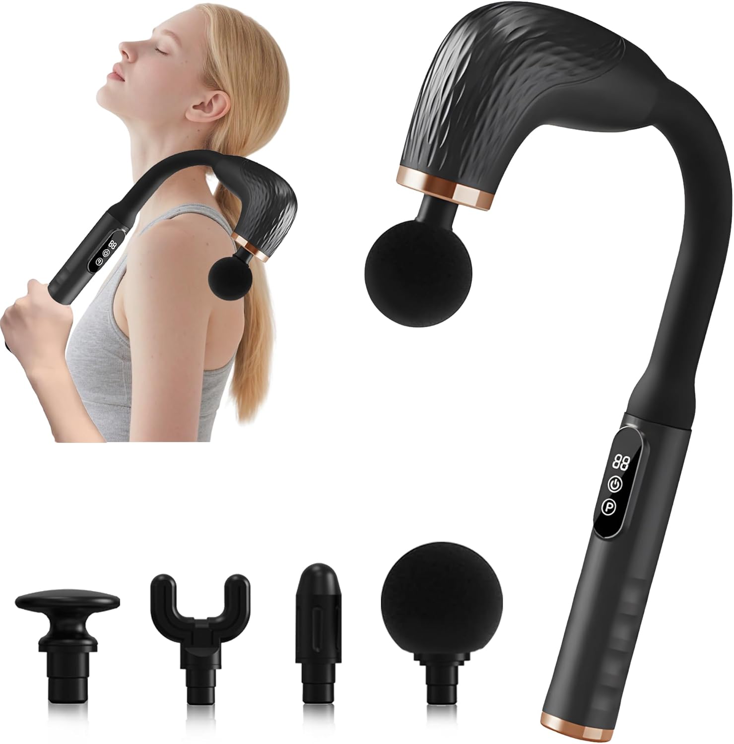 UFFAE massage gun with upgraded extension handle front view displaying the premium black ergonomic matte finish