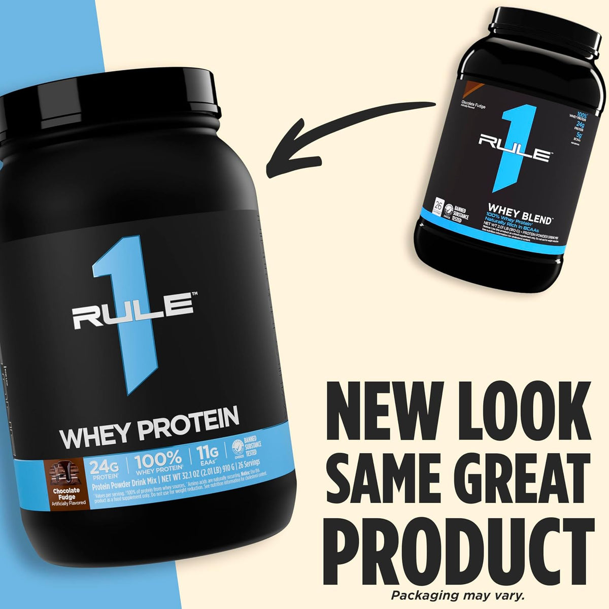 Rule 1 R1 Whey Blend side profile showing serving size