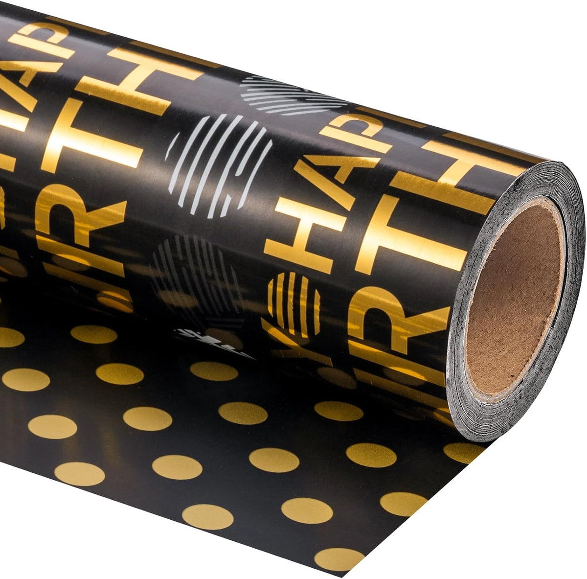 Wrapaholic Reversible Birthday Wrapping Paper Roll front view showing black and gold lettering design
