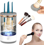 QCEN electric makeup brush cleaner front view showing glass container and silicone top