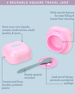 Compact square travel jars for holding face lotions and eye creams securely