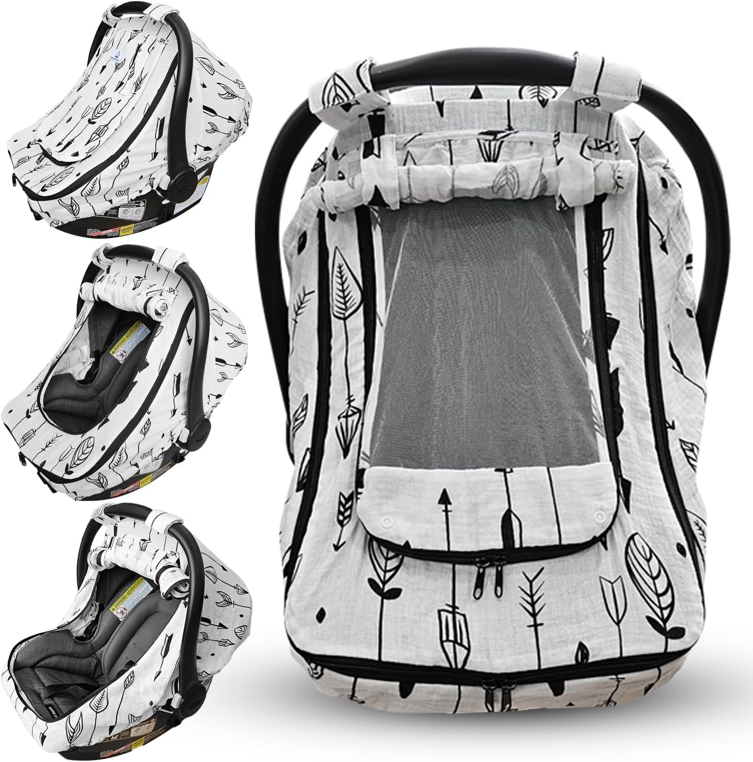 HippoBaby car seat cover front view showcasing the breathable muslin fabric with black arrow pattern.