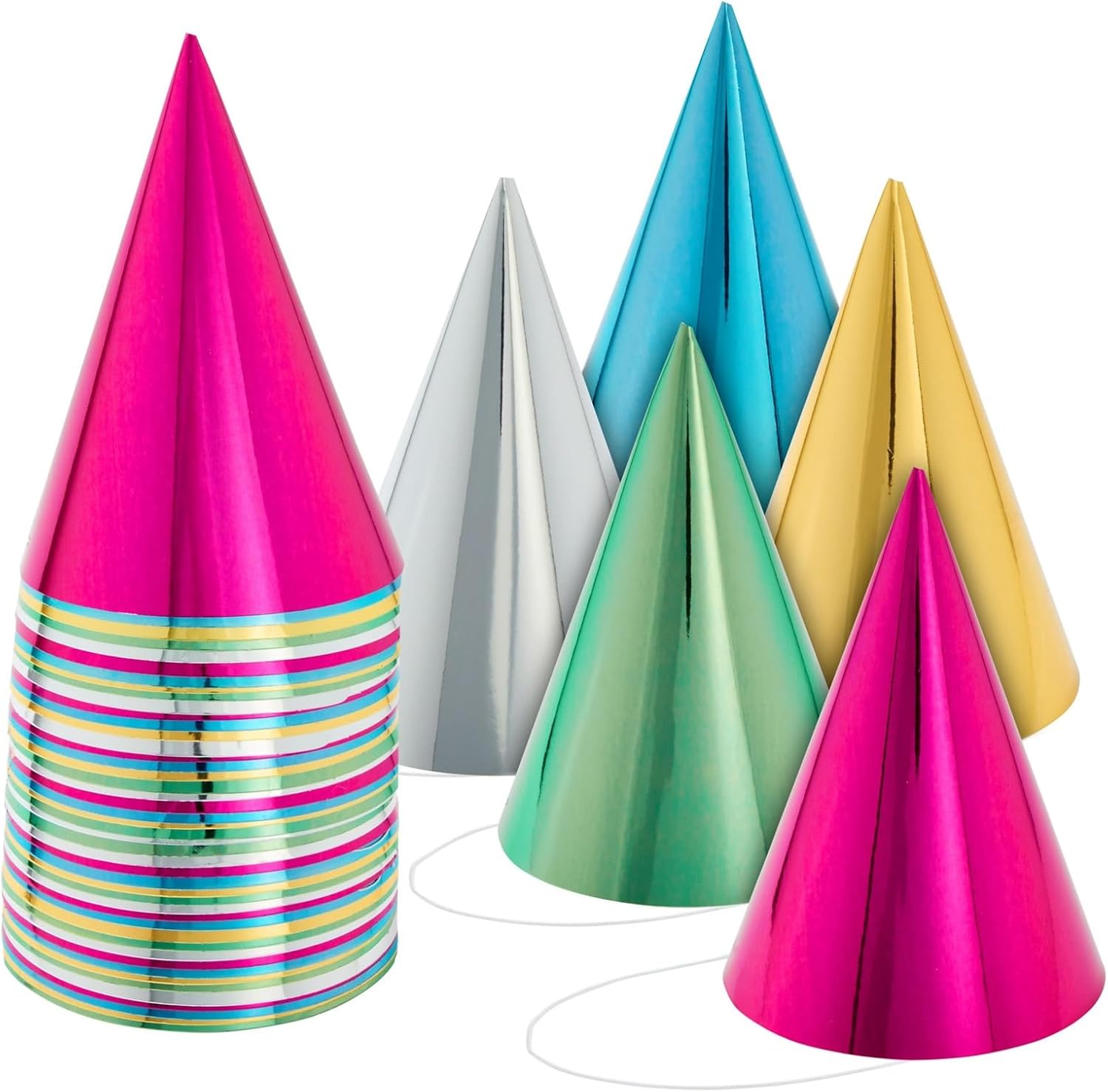 Blue Panda Birthday Foil Cone Party Hats fifty count pack front view showcasing vibrant metallic colors