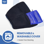 Side profile of the wearable migraine ice wrap fitted for 360-degree head coverage