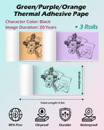Phomemo 77mm thermal paper rolls in green purple and orange