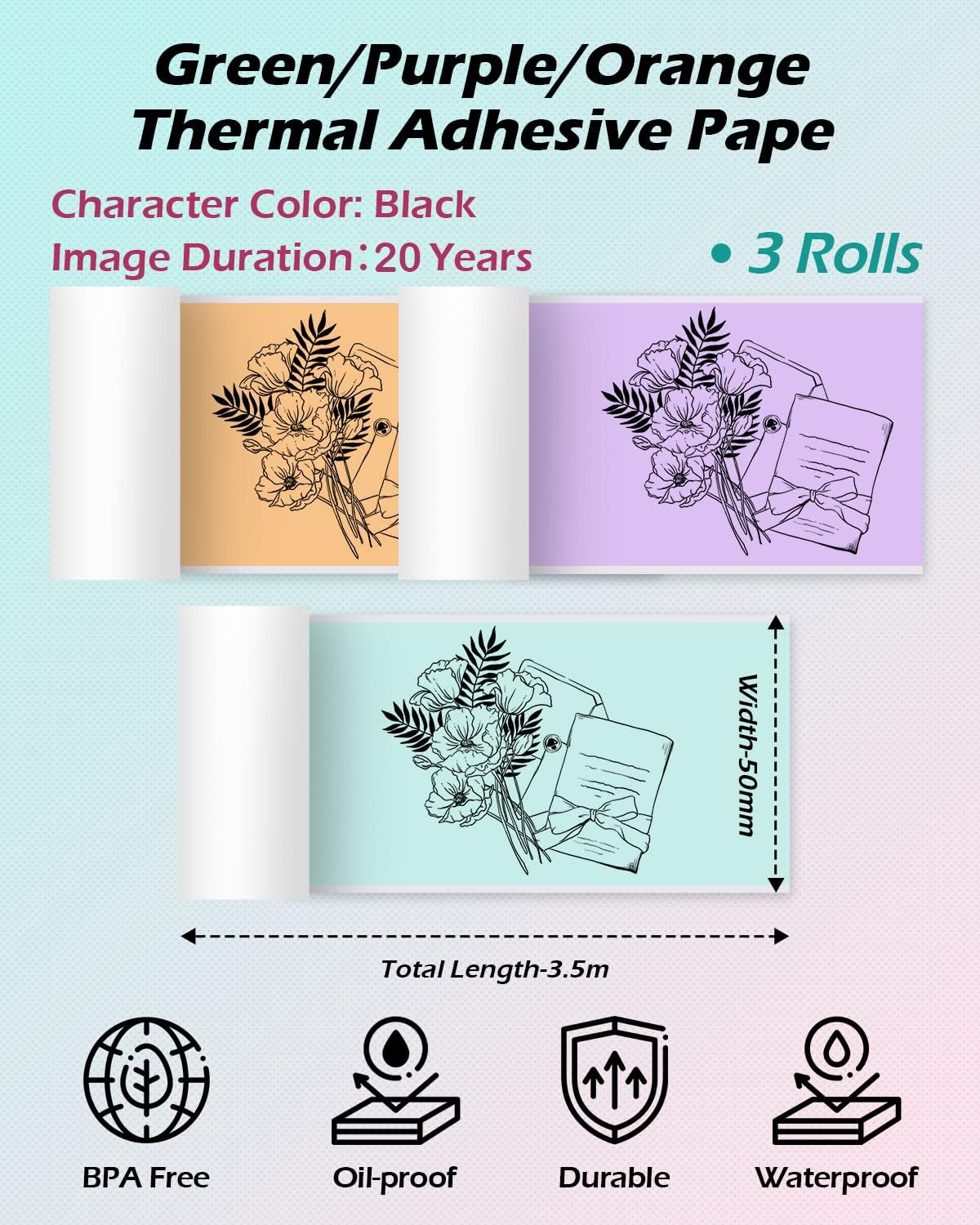 Phomemo 77mm thermal paper rolls in green purple and orange