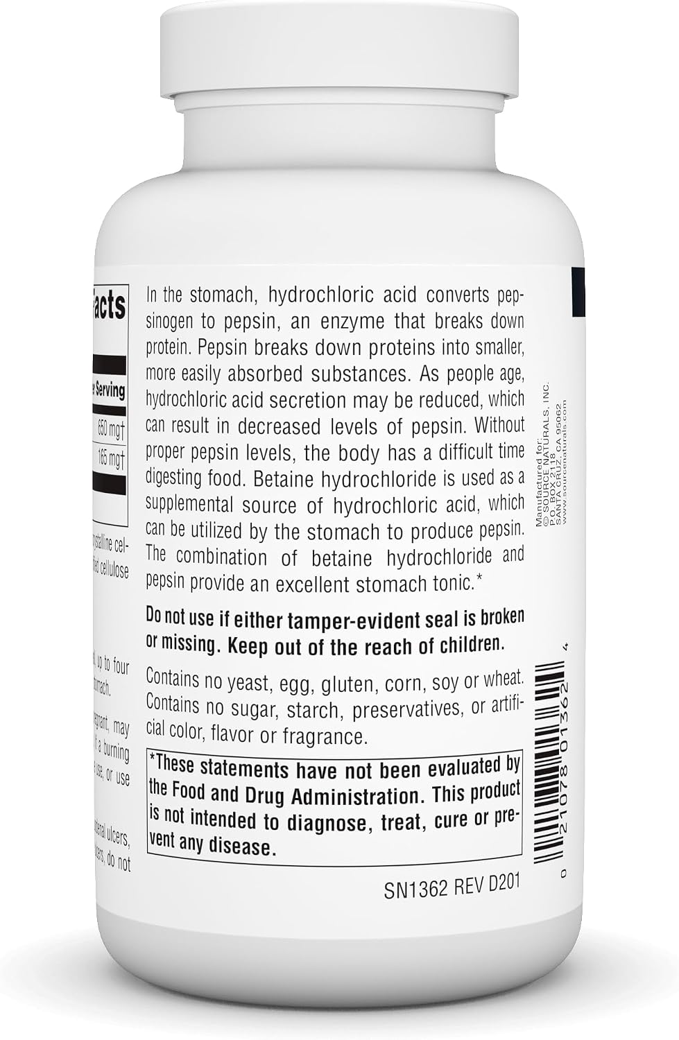 Source Naturals hydrochloric acid tablets closeup view of supplement facts