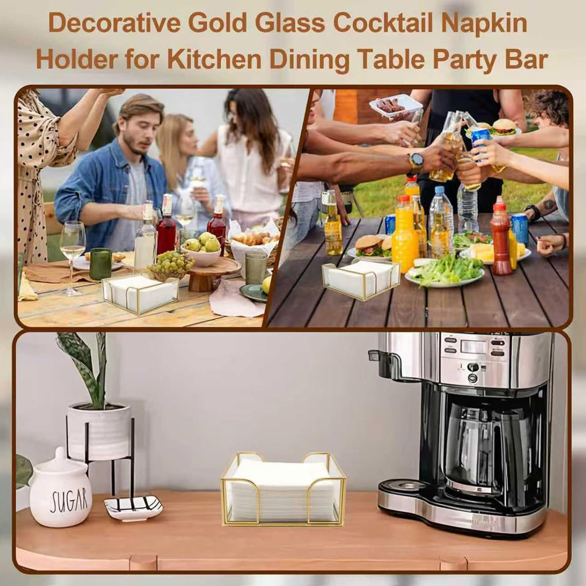 Cocktail Napkin Holder,Gold Square Napkin Holder Fit for 5"x5" Cocktail-Sized Napkins,Glass Napkin Holders for Kitchen Counter Table Party Bar Decor - Image 9