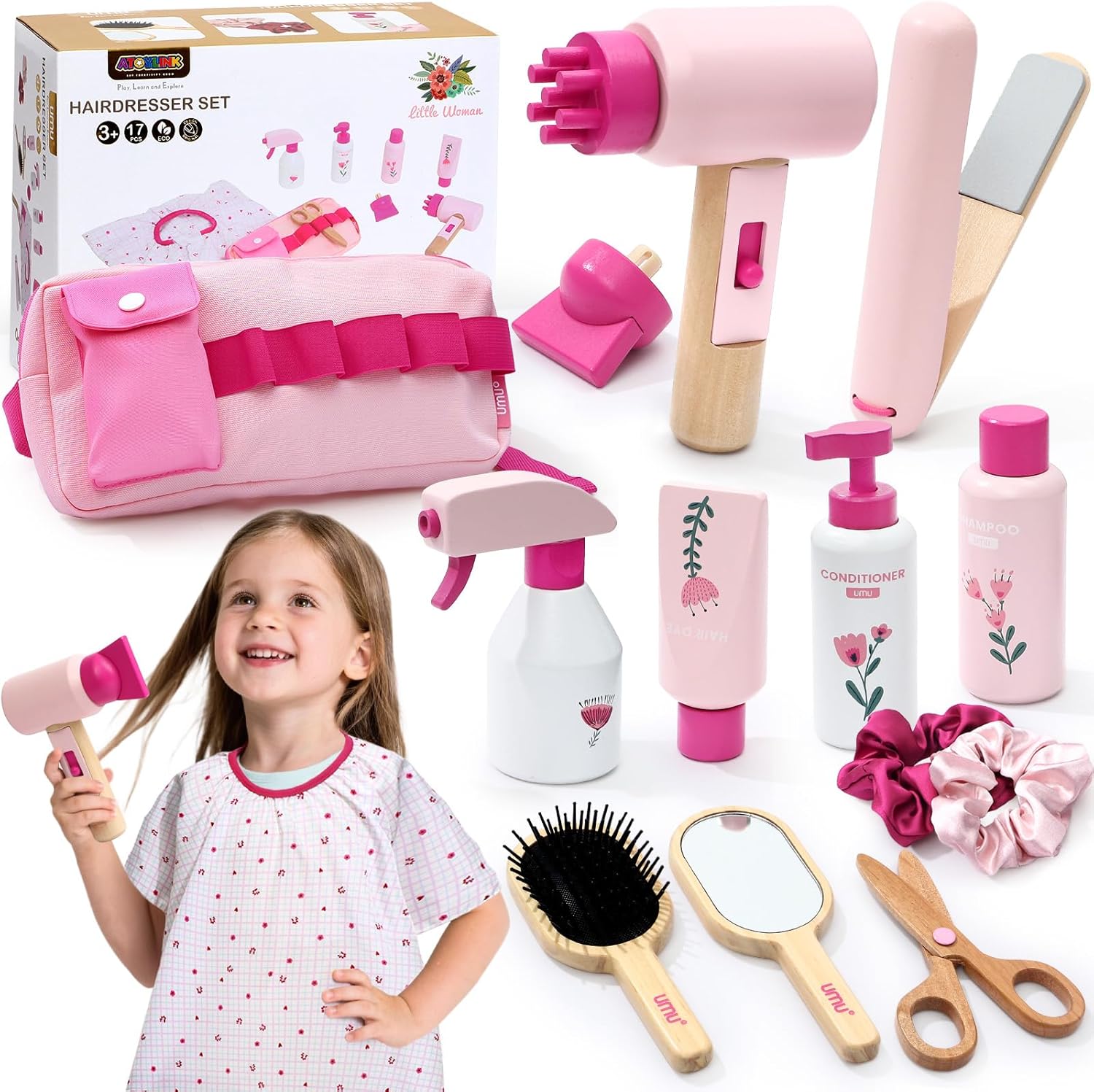 Venkuber Toyssa wooden hair salon toys front view showing thirteen pieces of pretend play makeup accessories.