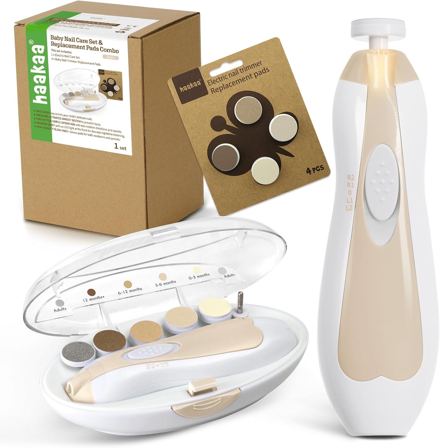 Haakaa Baby Nail Trimmer Electric Kit Acorn color front view showing the ergonomic handle and attachment head.