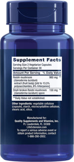 Life Extension Reishi mushroom capsules nutritional facts label closeup
