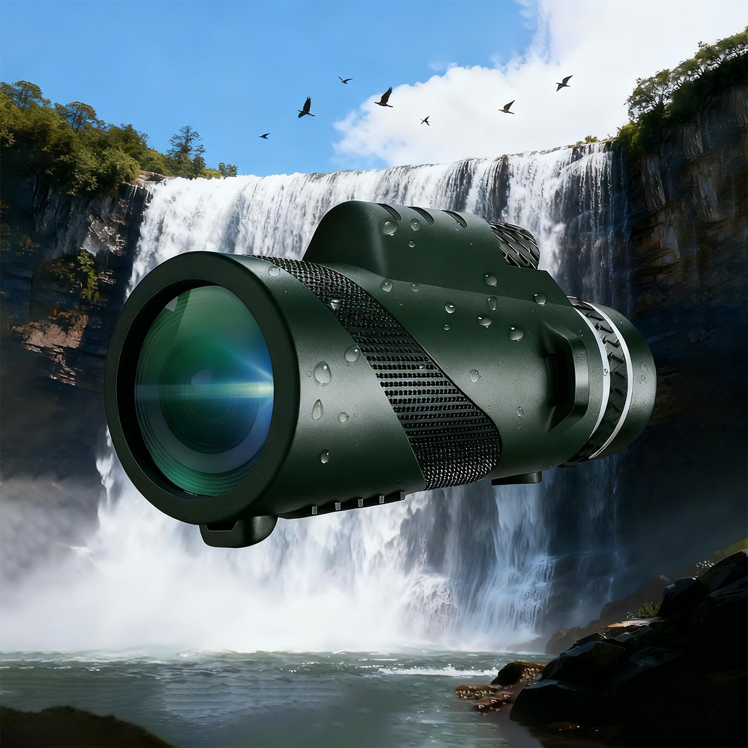 ASxmhGo high definition monocular telescope front view showing the green waterproof housing and objective lens.