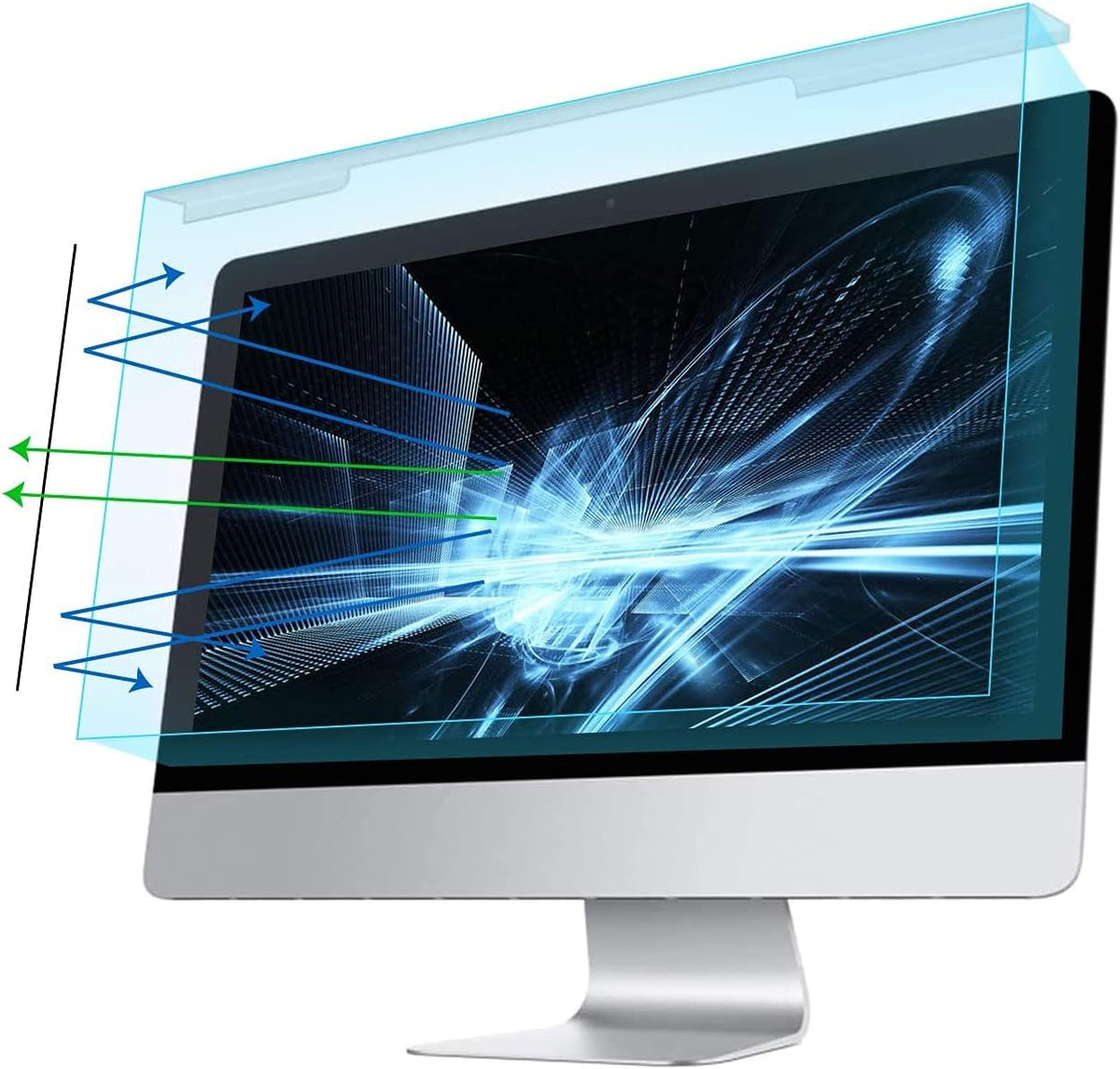 MOSISO computer blue light blocking screen protector front view hanging securely over a desktop monitor frame