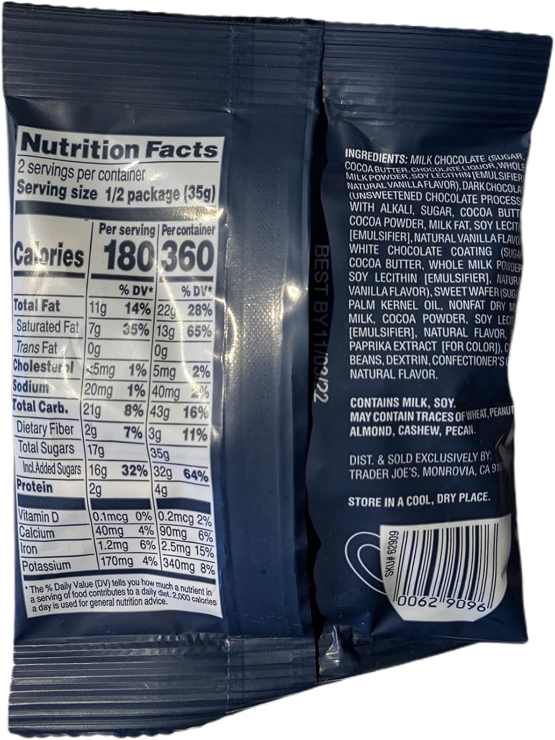 Back label of Trader Joe's Coffee Lover's Espresso Beans showing nutrition facts and ingredients.
