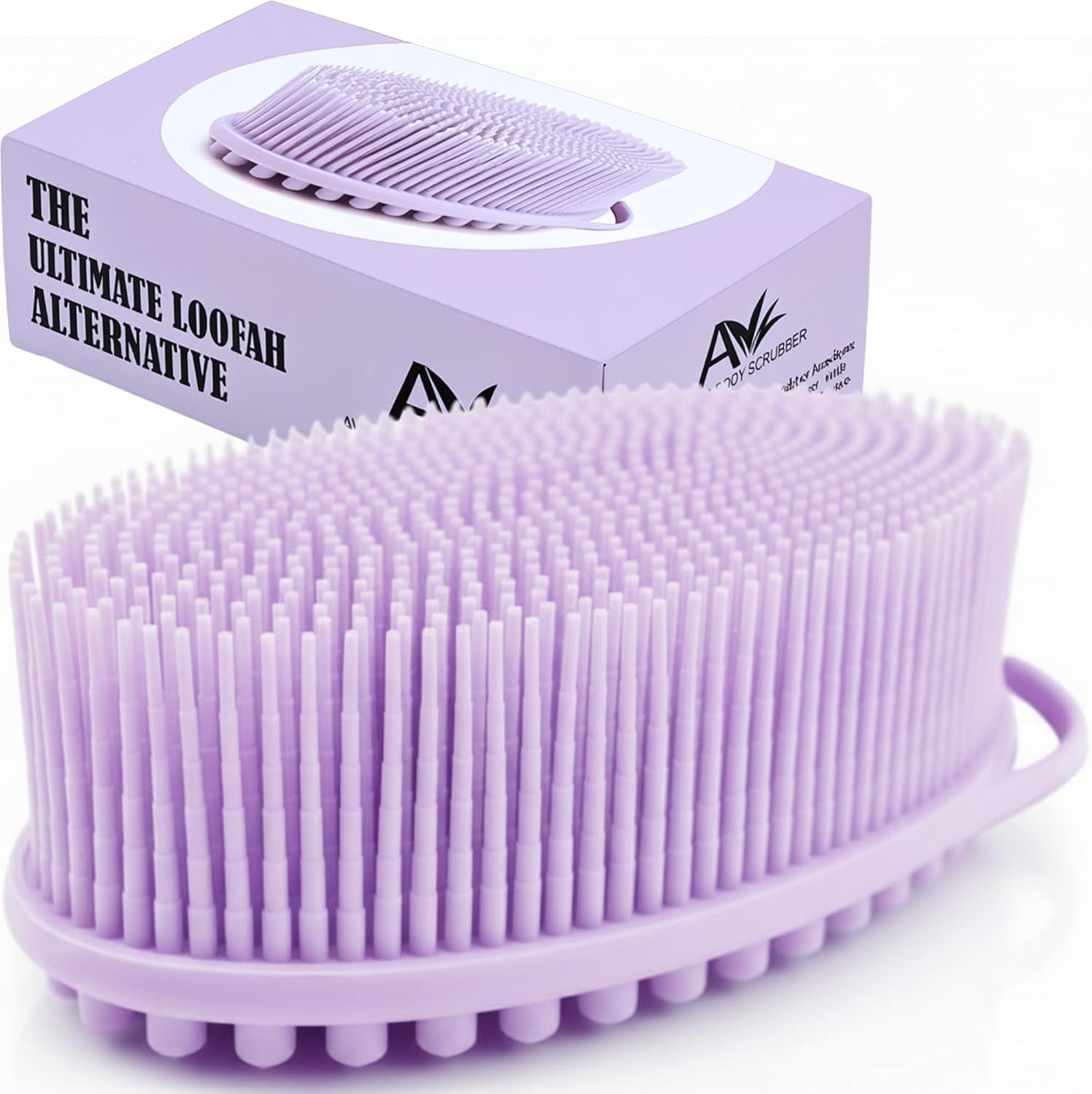Avilana Premium Silicone Body Scrubber front view showing soft lavender exfoliating bristles.