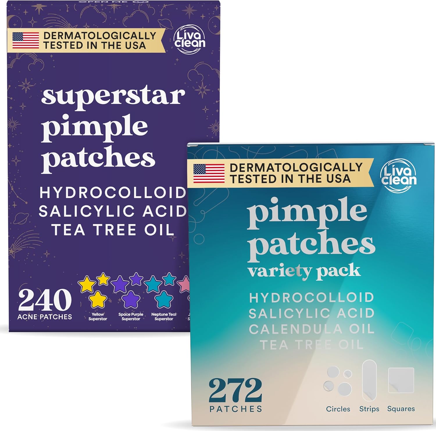 LivaClean Star Pimple Patches and Variety Pack front view showing the 512 count retail packaging.