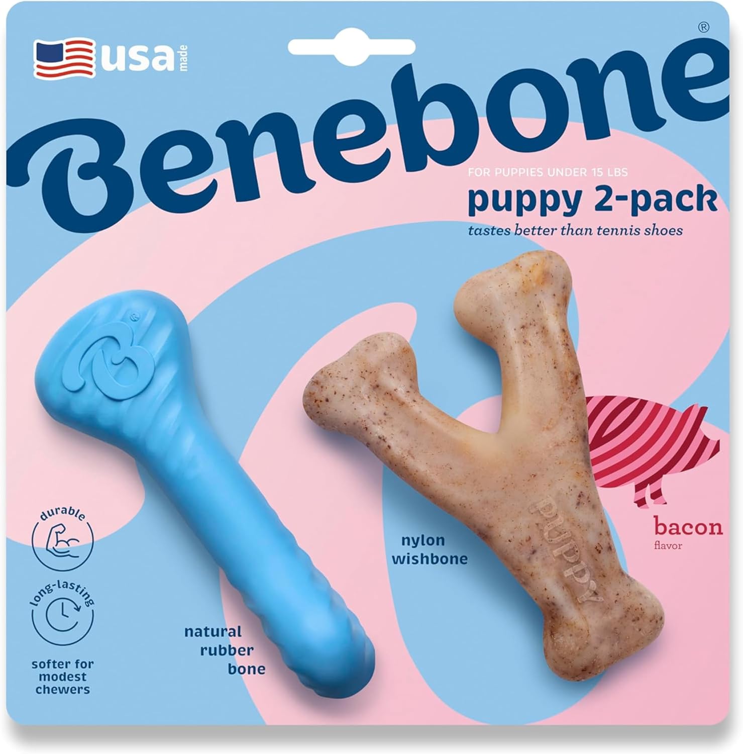 Benebone Puppy Two Pack front view of rubber bone and bacon wishbone chew toy.