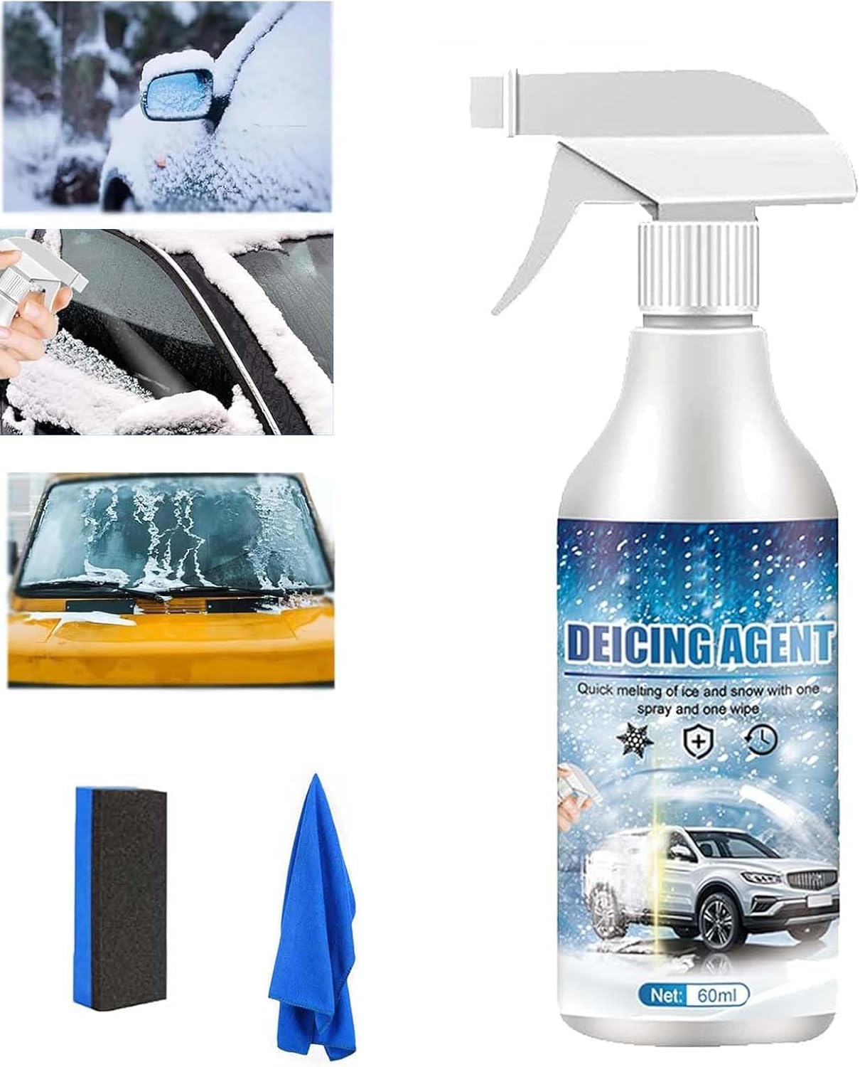 Heet Windshield Deicer Spray front view showing the 60ml bottle for car ice melting.