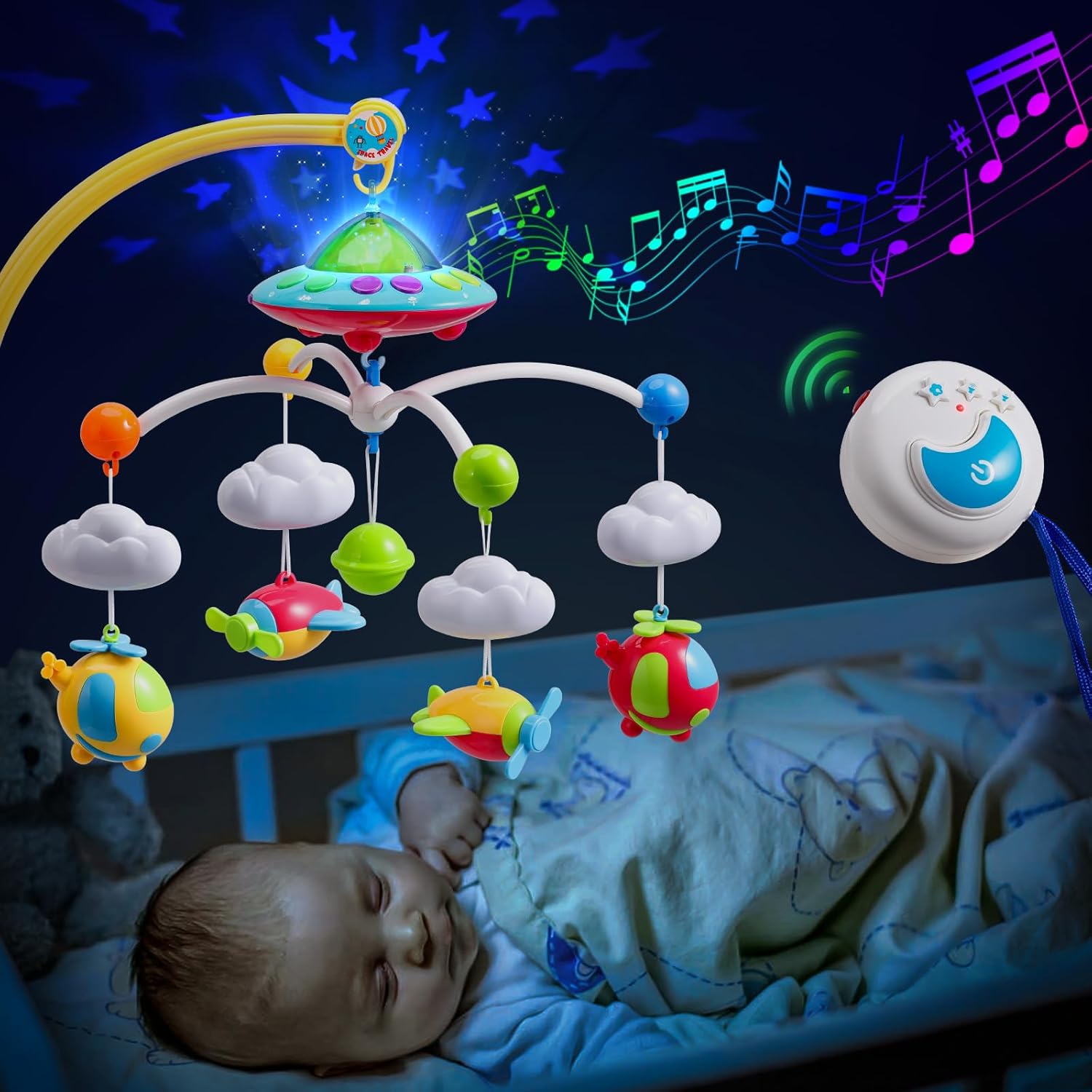 Elf Lab Baby Musical Crib Mobile front view showcasing the rotating airplane pendants and attachment arm.