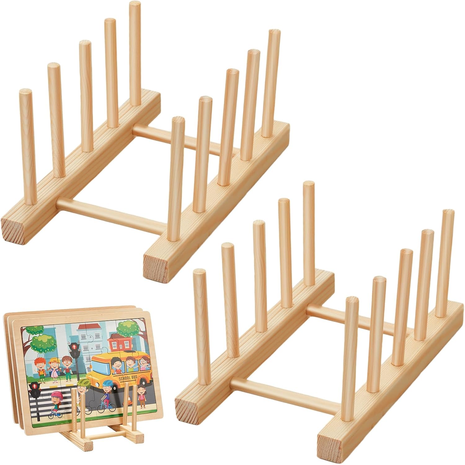 Barydat wooden puzzle display stand front view showing natural pine wood grain