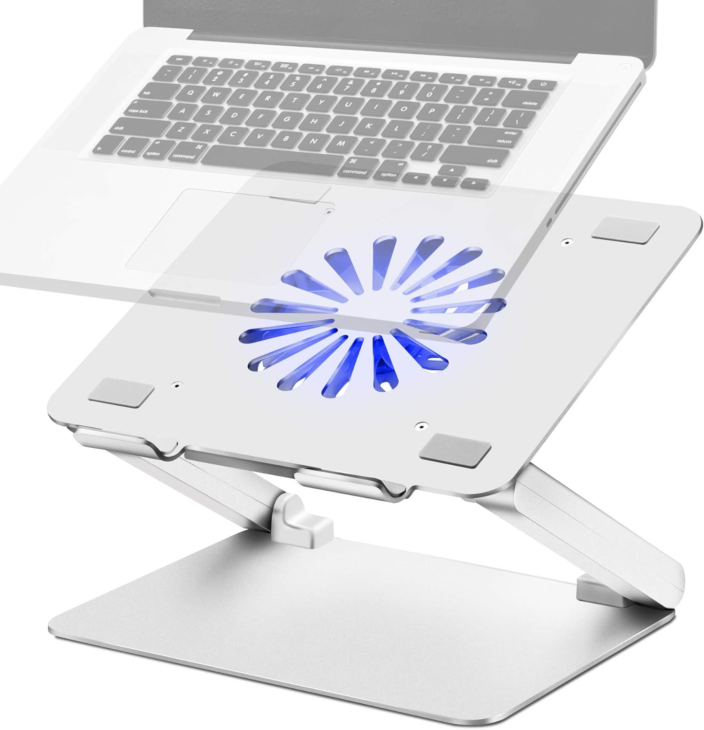 Soundance laptop cooling pad front view highlighting the silver aluminum construction and large cooling fan mesh layout