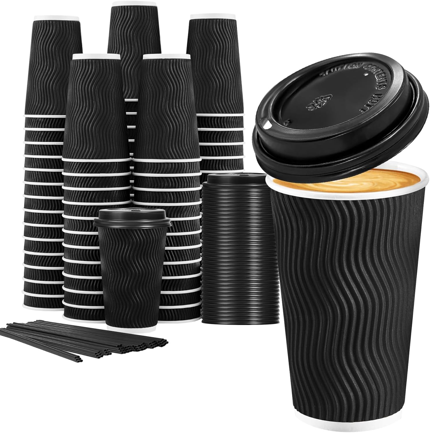 Lamosi 16 Ounce Disposable Coffee Cups front view showing black ripple wall texture.
