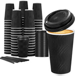 Lamosi 16 Ounce Disposable Coffee Cups front view showing black ripple wall texture.