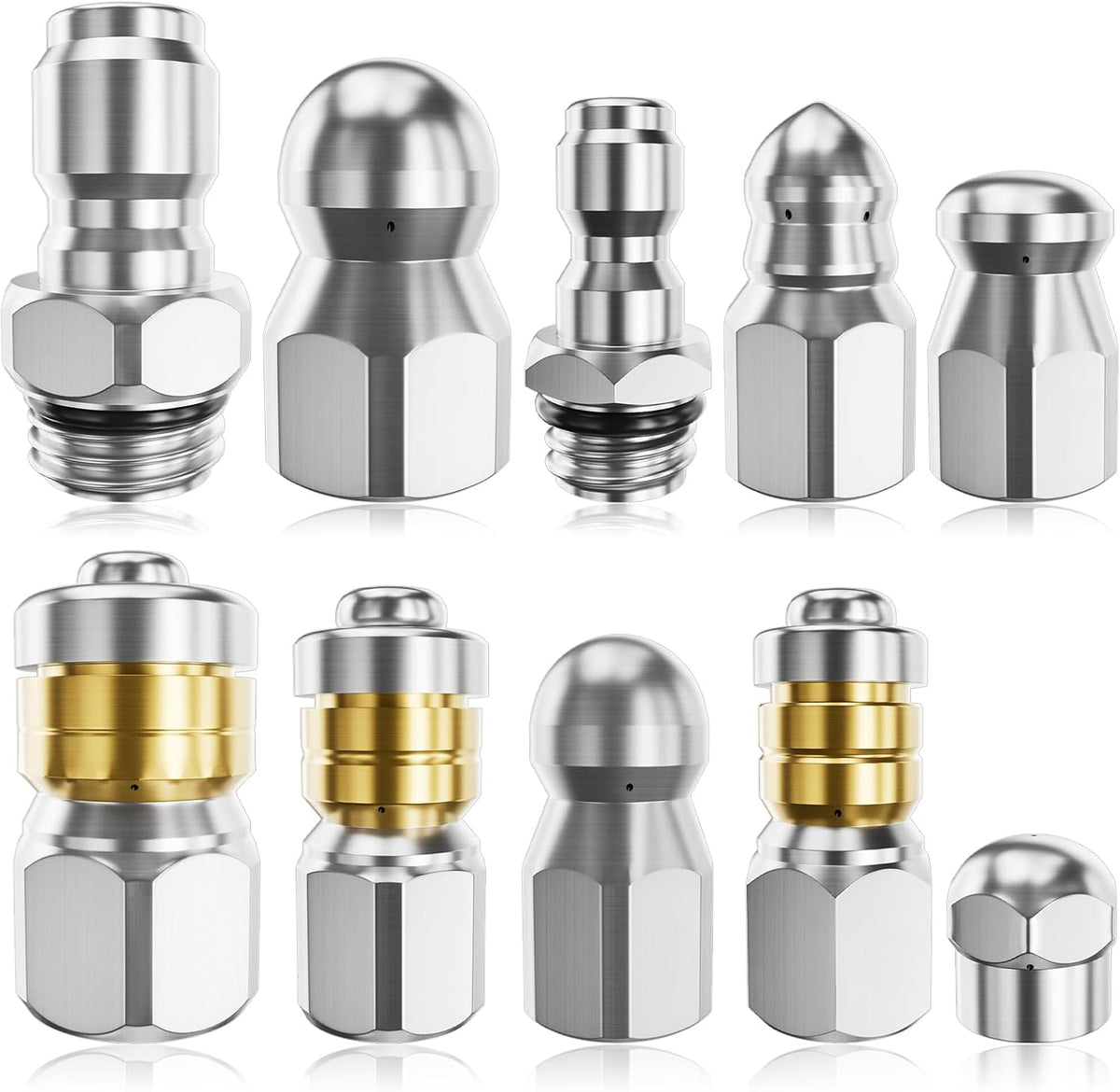 Wllead Jetter Heads Kit front view showcasing 10 pieces of stainless steel pressure washer nozzles