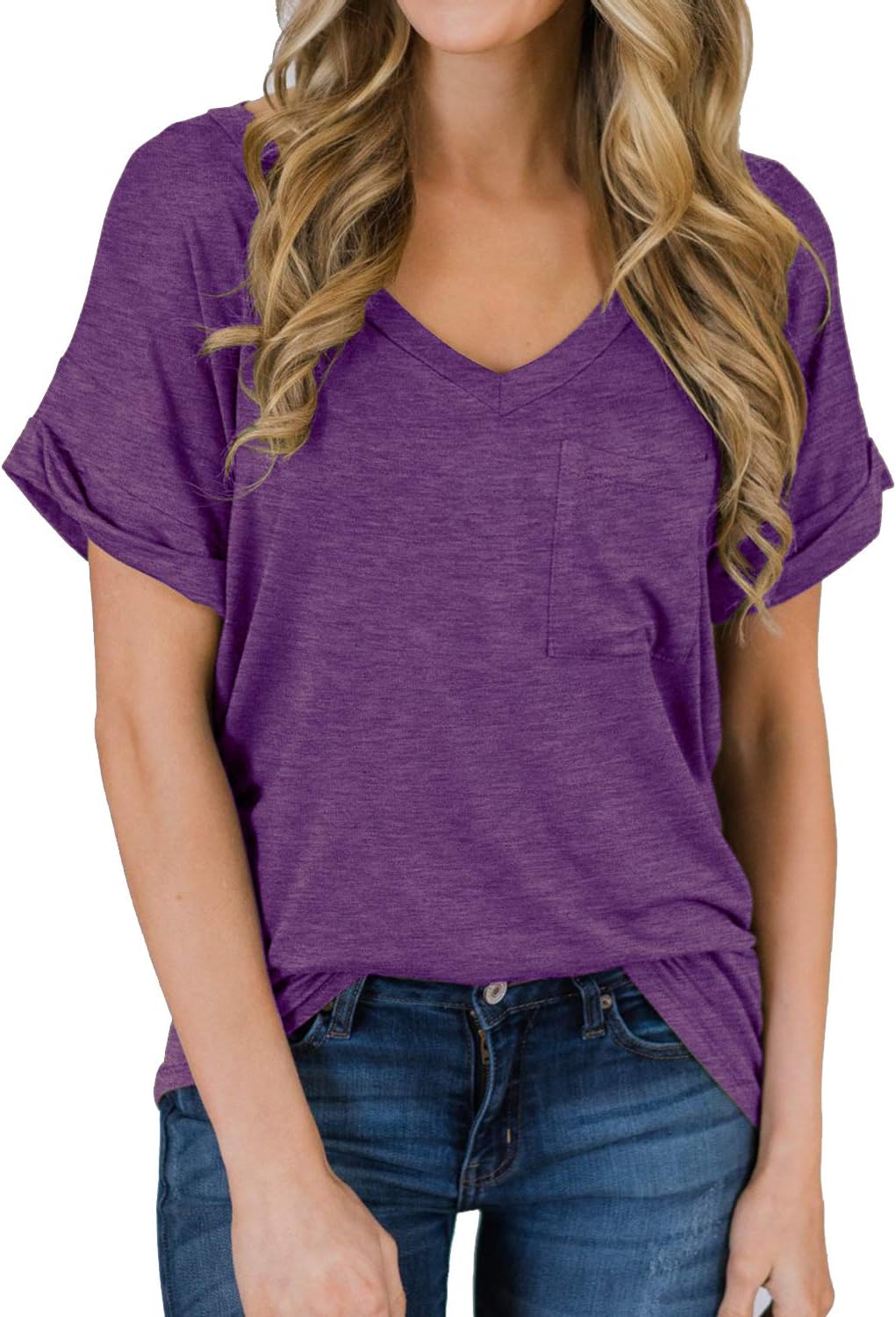 MIHOLL Women's Soft Basic Short Sleeve V-Neck T-Shirts Loose Casual Tee Tops Clothes Everyday Wear - Image 14