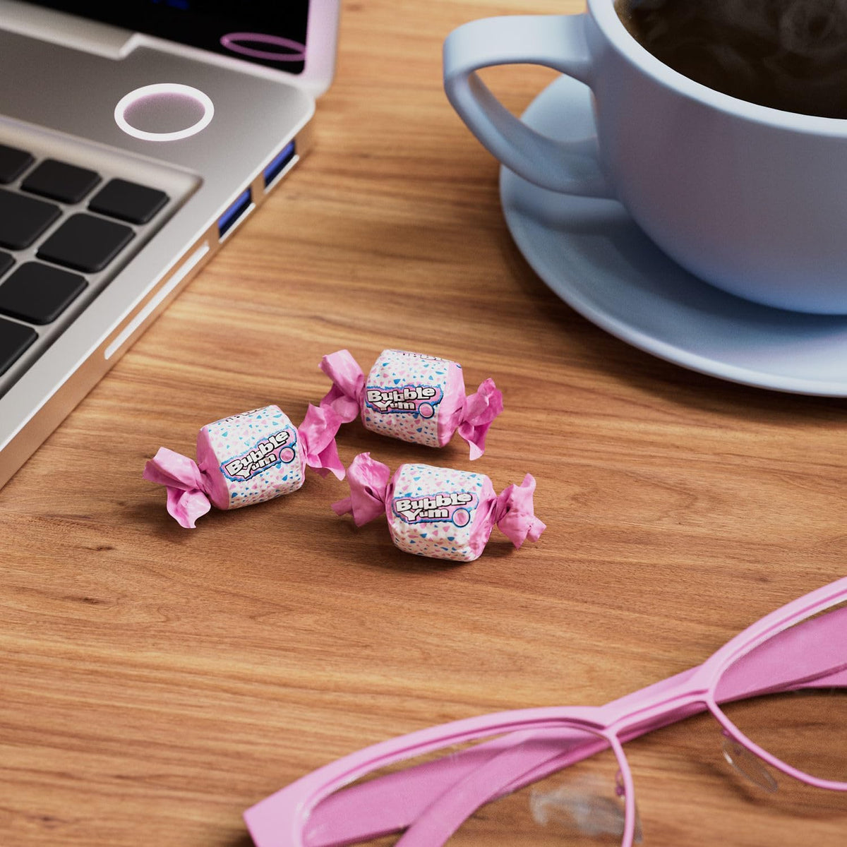 Close up view of the Hershey Company logo on the authentic BUBBLE YUM chewing gum packaging.