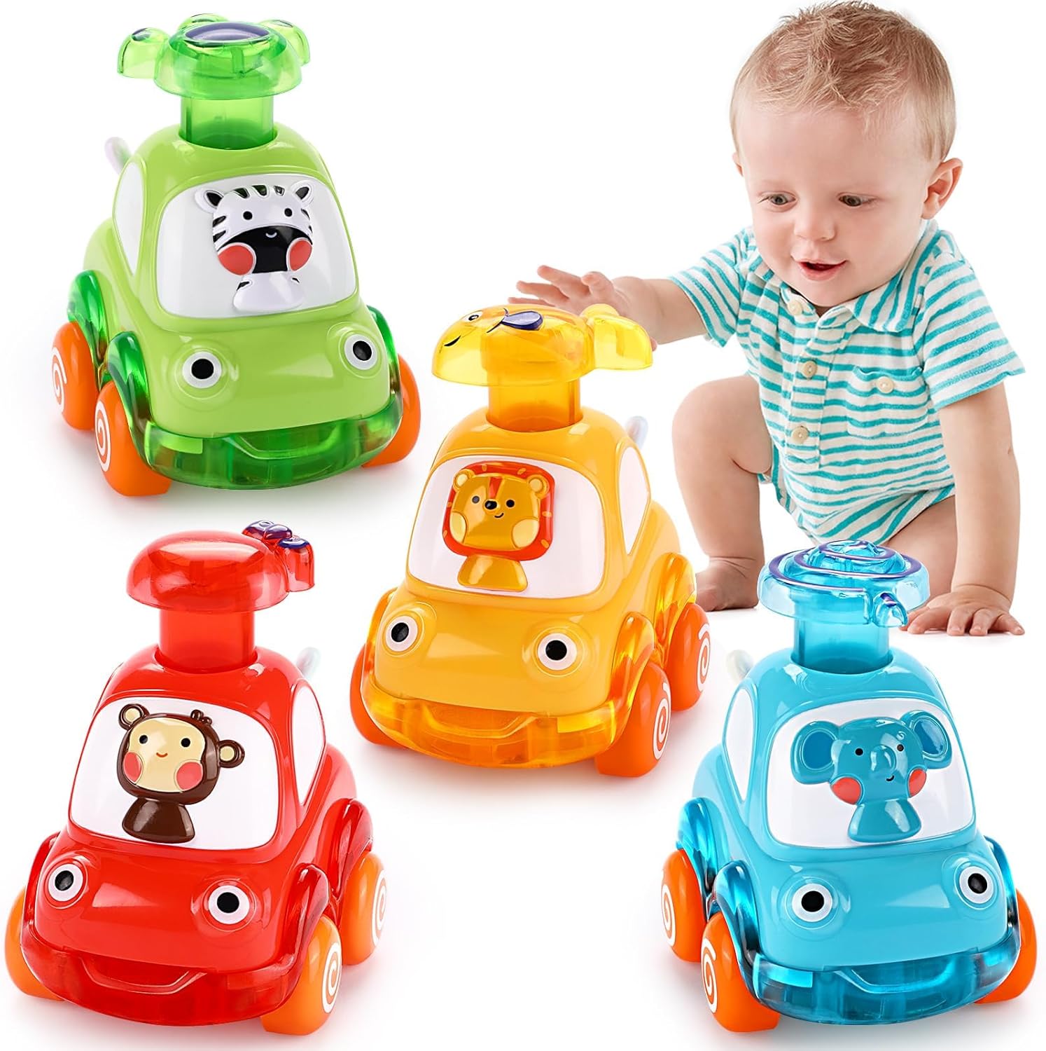 Palmatte Press and Go Animal Cars front view featuring the yellow lion driver toy car.