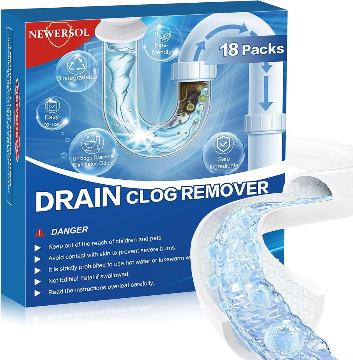 Newersol Drain Clog Remover 18 Packs front view powerful sink and pipe cleaner