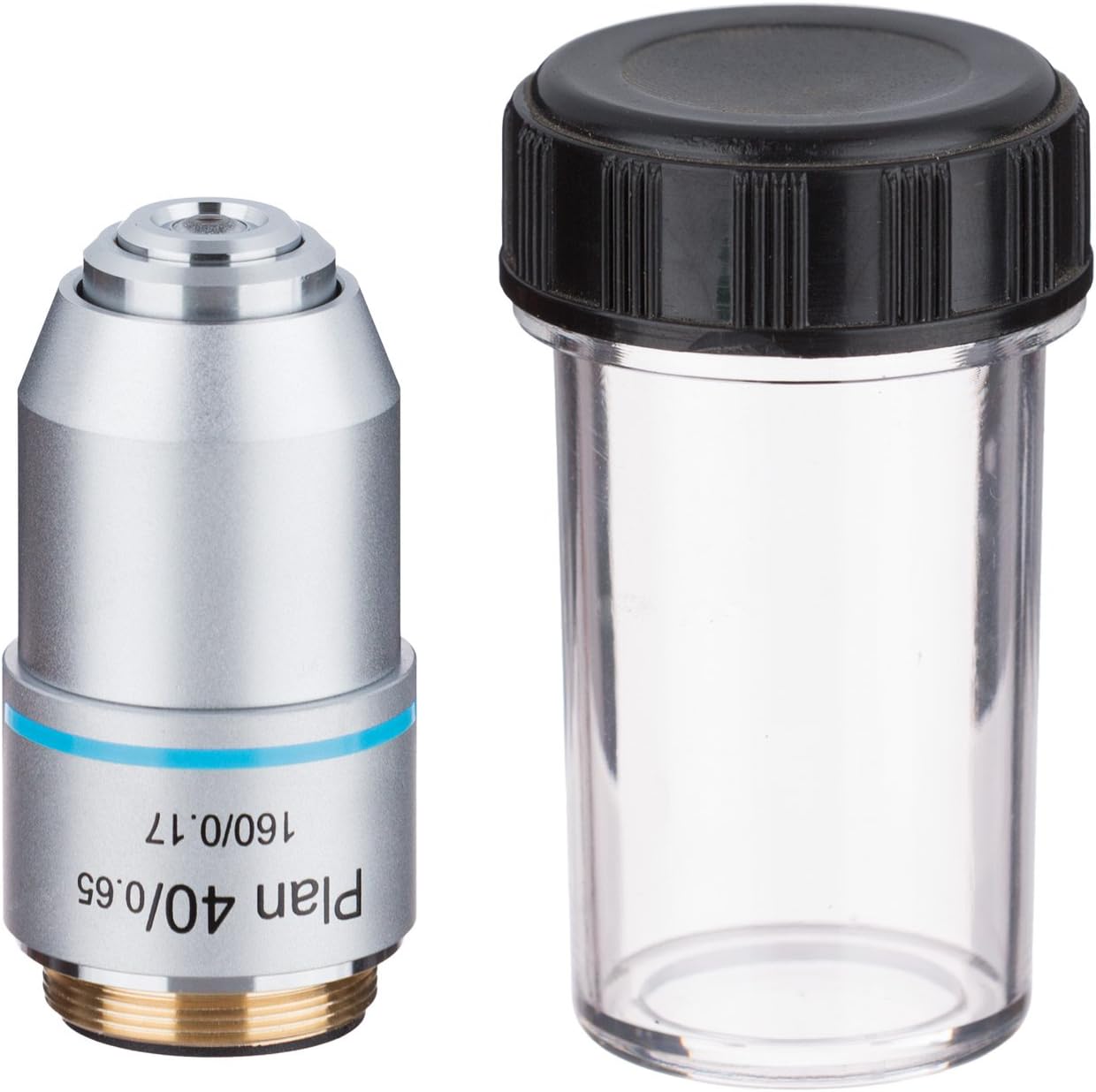 AmScope PA40X-INF 40X Spring Infinity Plan Achromatic Microscope Objective Lens front view showcasing silver finish and international DIN standard RMS thread.