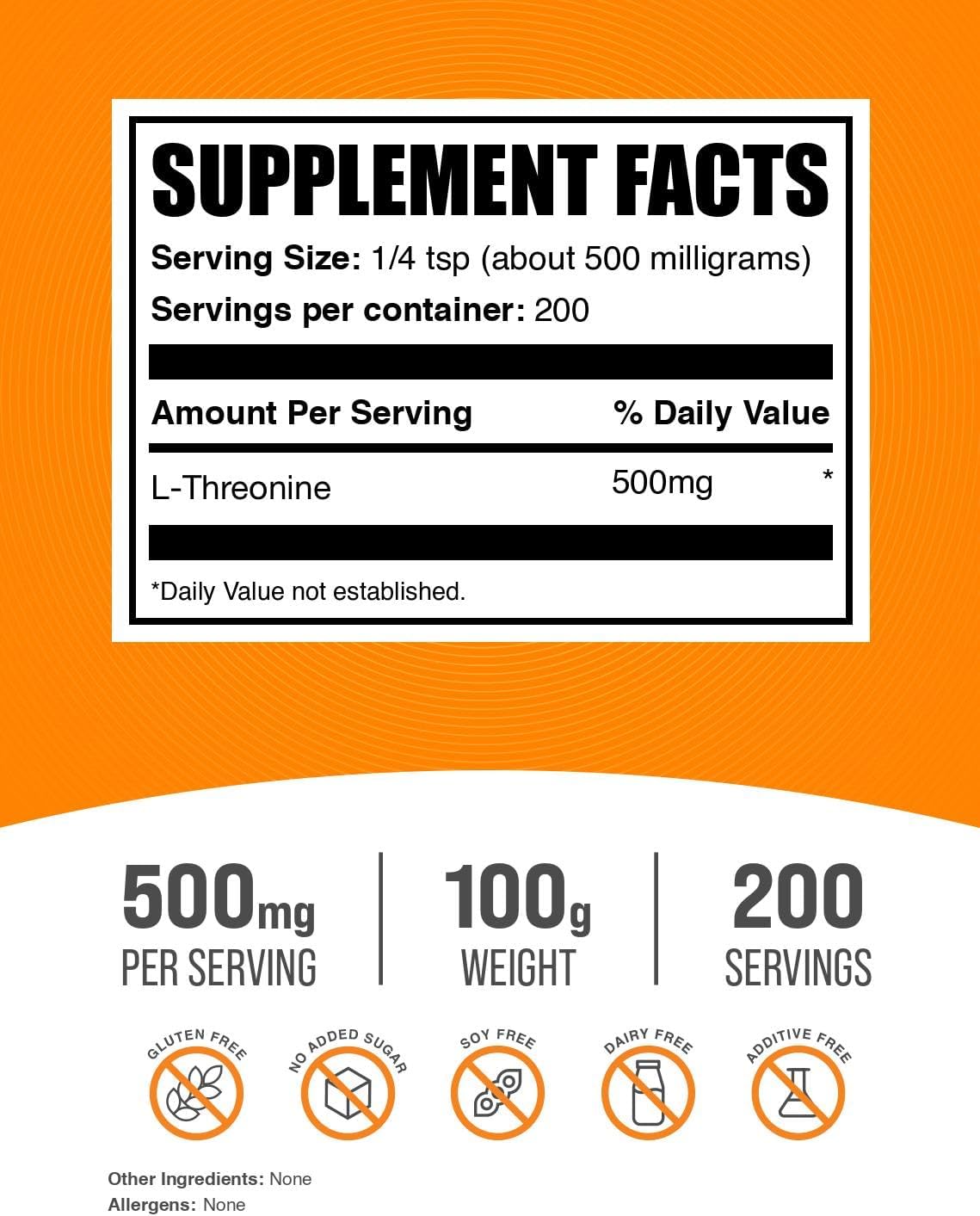 Close up of L-Threonine supplement label details