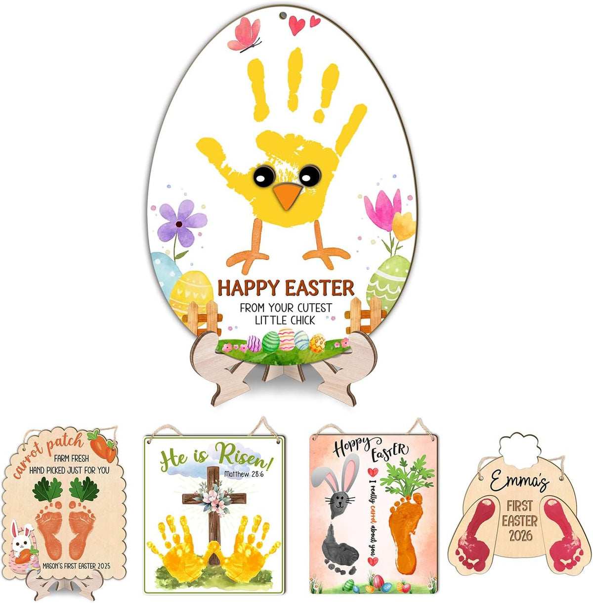 Wonderjune Baby First Easter Chicken Egg Handprint Sign front view displaying the oval wooden plaque shape.