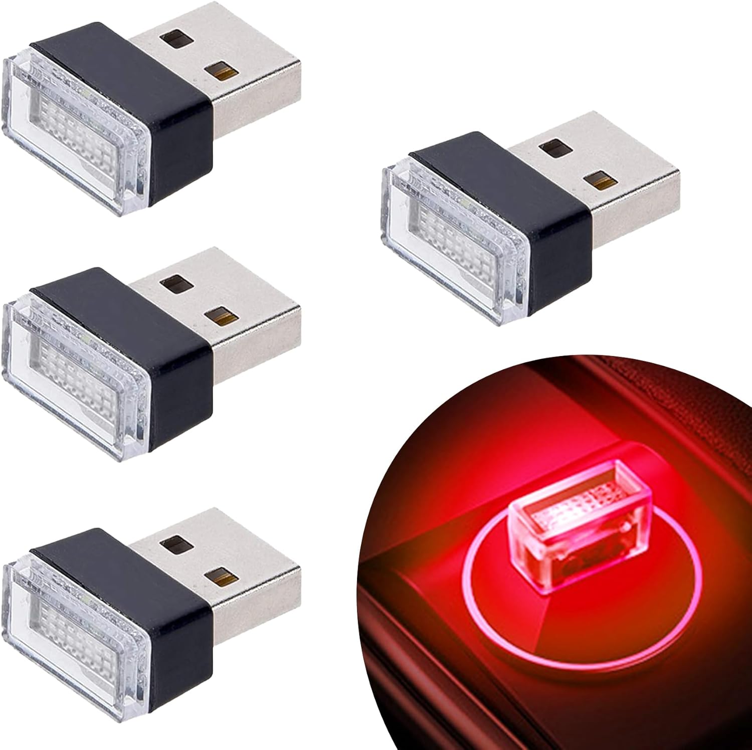 Febrytold 4 Pieces Red USB Car Interior Atmosphere Lamps front view highlighting compact design.