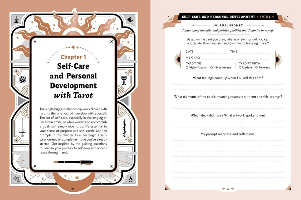 Open pages showing guided tarot journaling prompts and writing space