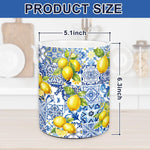 JarThenaAMCS blue tile and yellow lemon utensil crock side angle