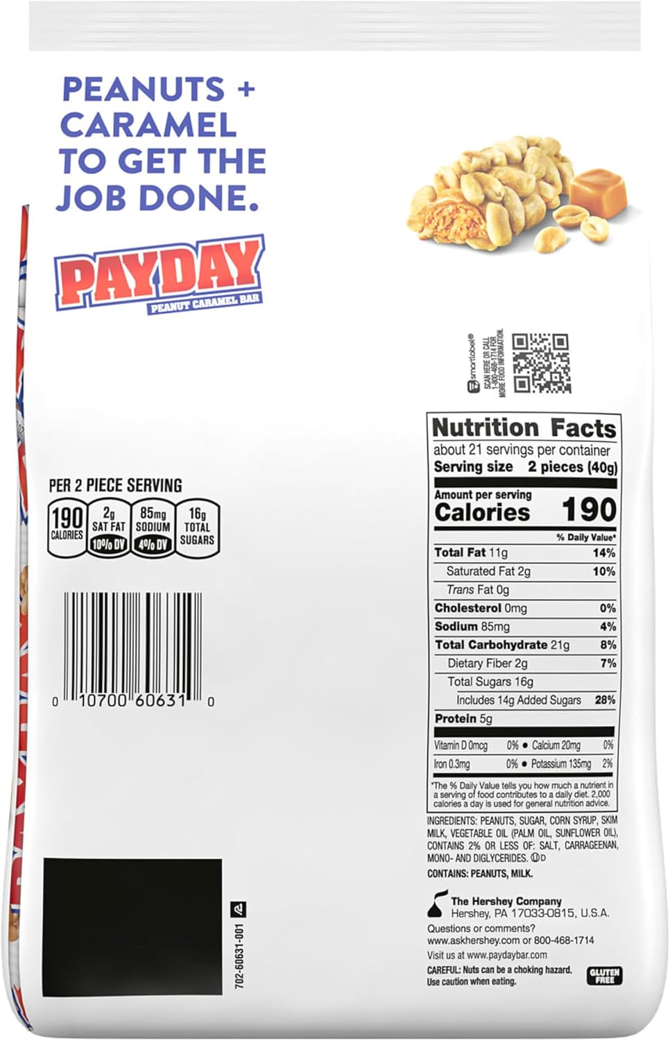 Close up shot of an opened PayDay snack size bar revealing the peanut coating.