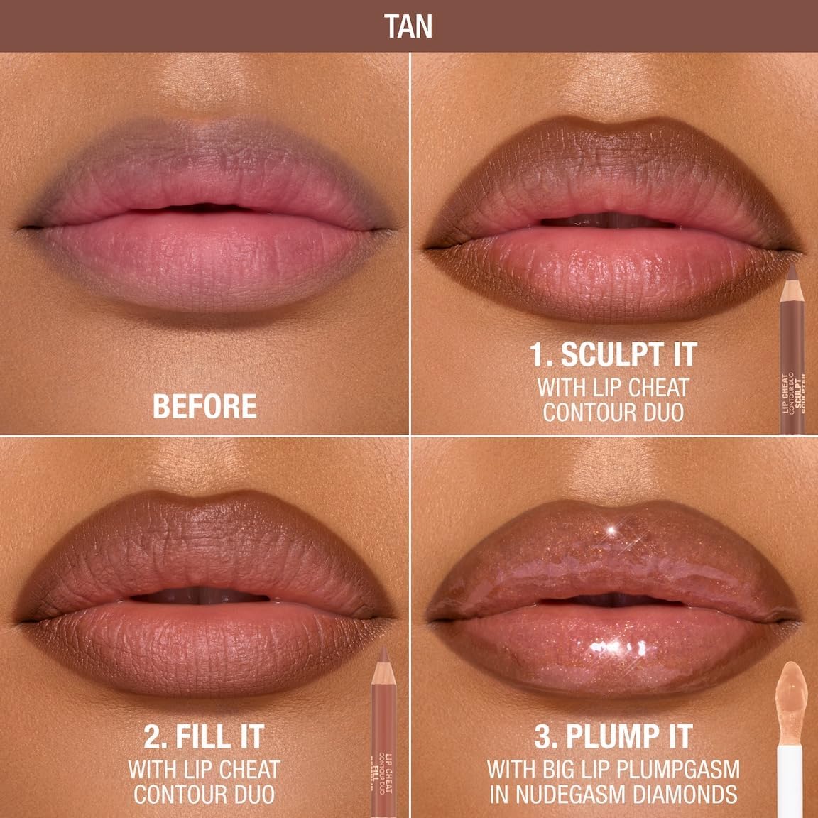 Charlotte Tilbury Lip Cheat Contour Duo showing sculpt and fill swatches